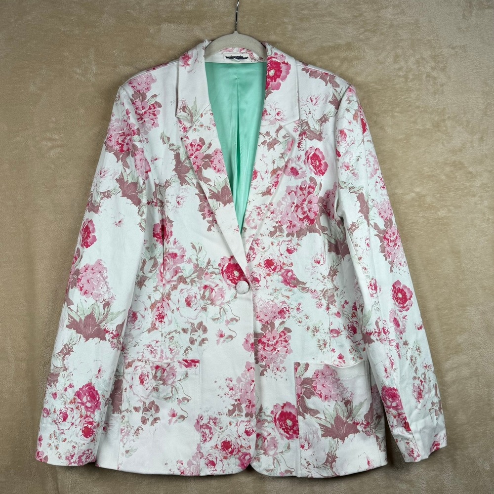 For Love & Lemons Weston Denim Stretch Blazer Floral Womens‎ Small Cottagecore